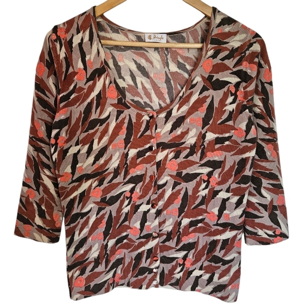 Pringle of‎ Scotland Cashmere Scoop Neck 3/4 Sleeve Cardigan Printed Small